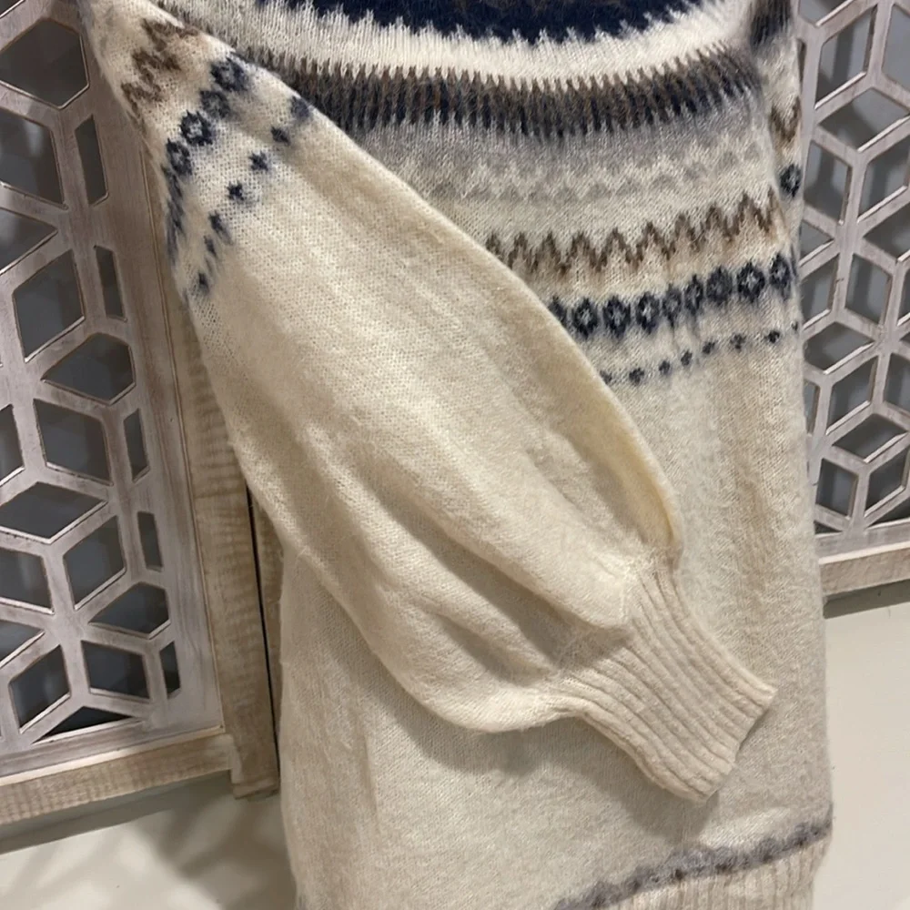 J Crew Fair Isle Yoke Puff Sleeve Sweater Women's M Cream Wool Alpaca Casual ✨